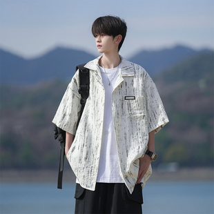 夏季衬衫短袖男2025新款高级感宽松上衣重磅男生休闲半袖衬衣外套