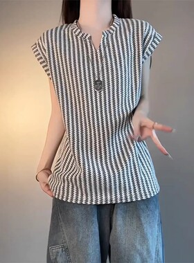 白色鱼骨纹运动背心男女款夏季设计感条纹无袖v领t恤美式情侣坎肩