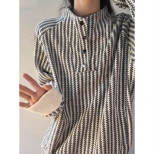 t恤 高级设计感排扣亨利领长袖 鱼骨条纹撞色小香风卫衣男女款 秋季