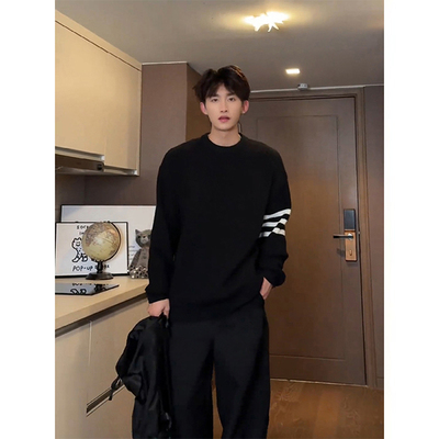 条纹圆领毛衣男生秋季学院针织衫