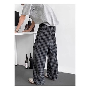 古着vintage裤子男黑灰色格子裤夏季薄款日系复古慵懒休闲直筒裤