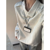 不规则翻领长袖 卫衣美式 t恤 男女早秋薄款 浅灰色超好看正肩polo衫
