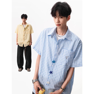 男女夏季 衬衫 多巴胺格子衬衣休闲情侣外套潮 街头趣味纽扣短袖 美式