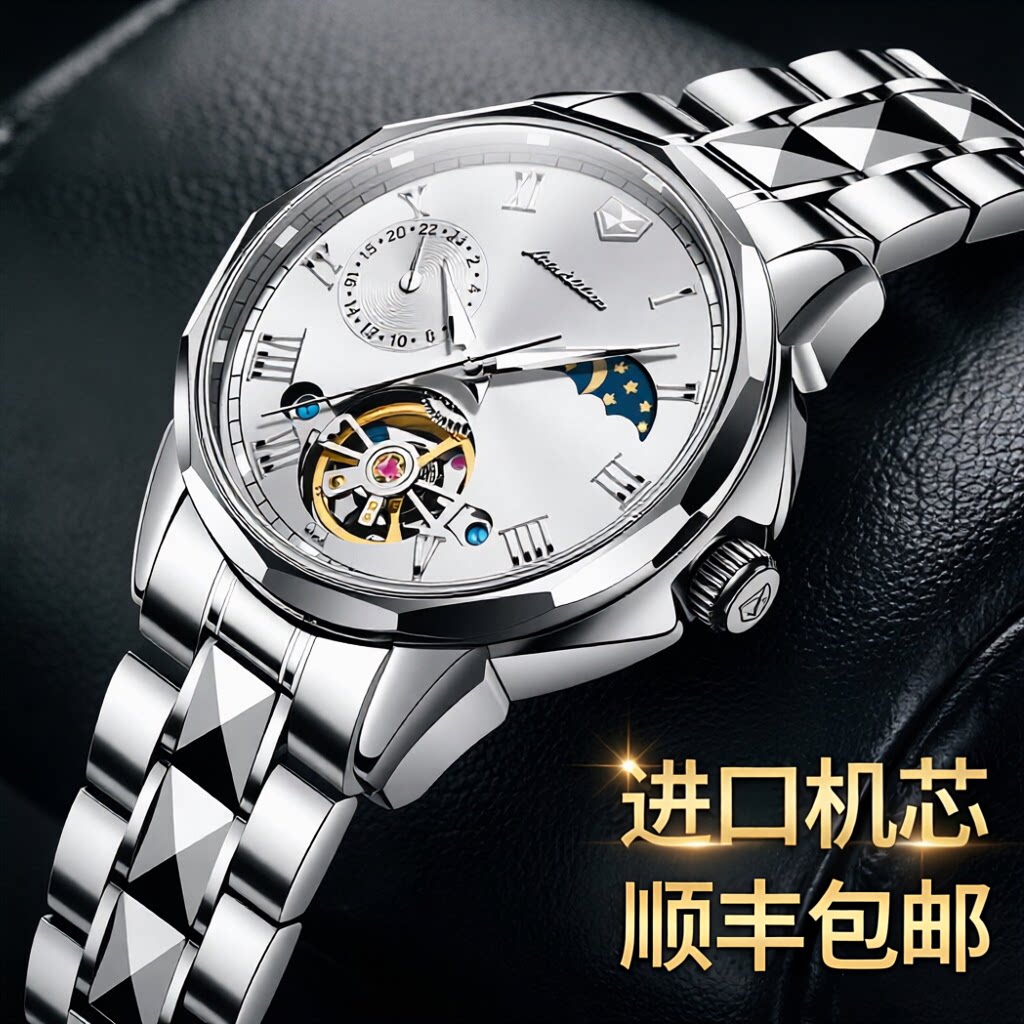 金仕盾手表女时尚商务品牌气质女性钨钢手表女试机械多功能表轻奢