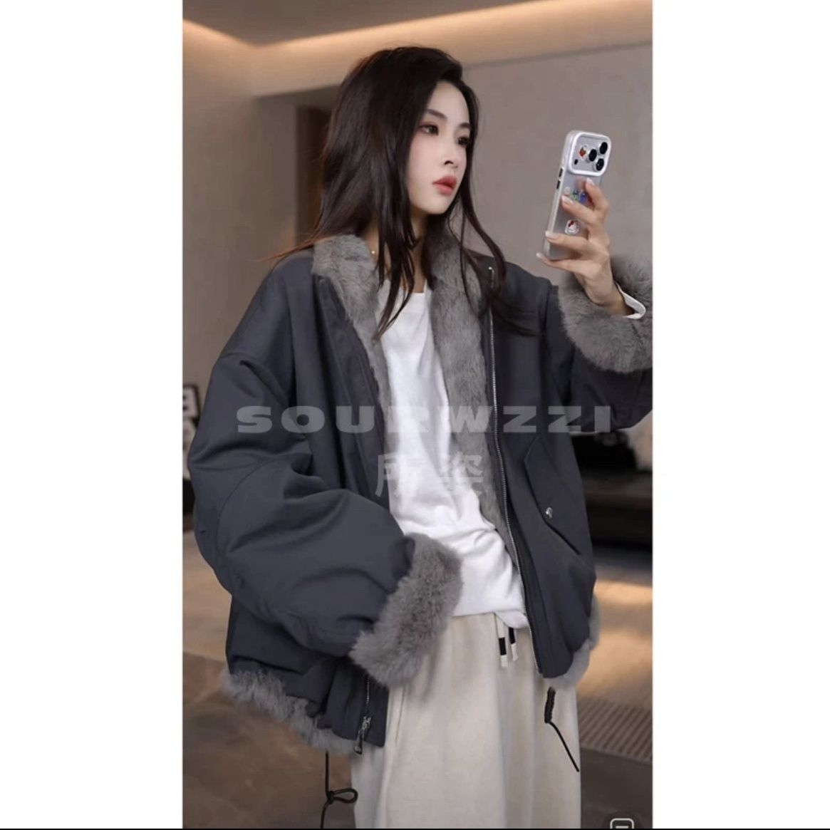 所姿新款双面穿兔毛冬季时尚休闲女士派克服SZ-25506