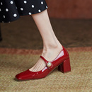 春季 一字带高跟鞋 女玛丽珍鞋 2023年新款 漆皮方头粗跟单鞋 红色婚鞋