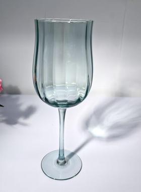 【可尔】法式中古郁金香插棱红酒杯水晶玻璃墨水蓝色高颜值高脚79