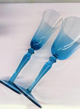 【可尔】轻奢蓝色高脚杯中古水晶玻璃杯复古家用餐厅红酒杯高端65