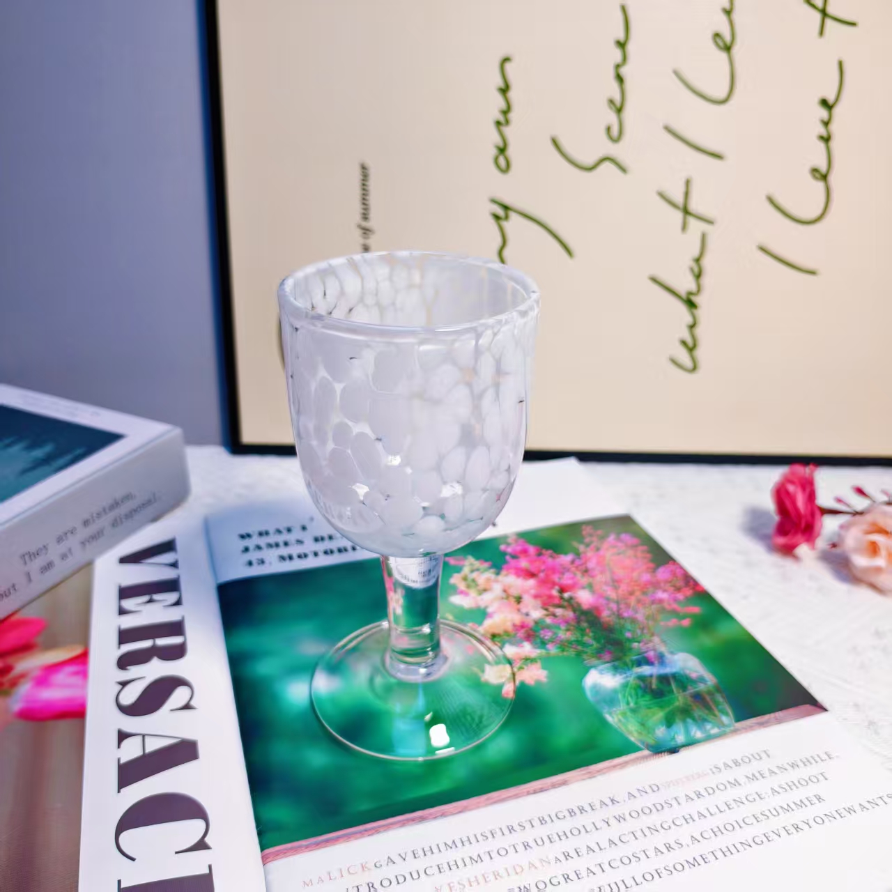 白色波点玻璃杯高脚杯甜品杯