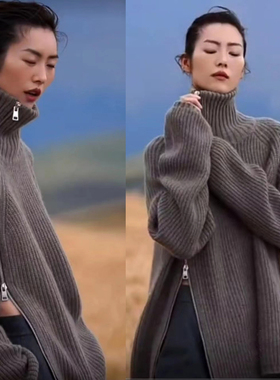 2022冬刘雯同款高领毛衣女设计感外穿上衣灰色拉链针织开叉宽松