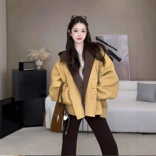两件套小个子短款双面羊绒女外套连帽马甲黄色韩系加厚羊毛呢大衣
