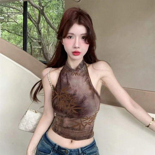 新款时尚新中式复古改良挂脖背心女夏季时尚百搭高腰修身短款上衣