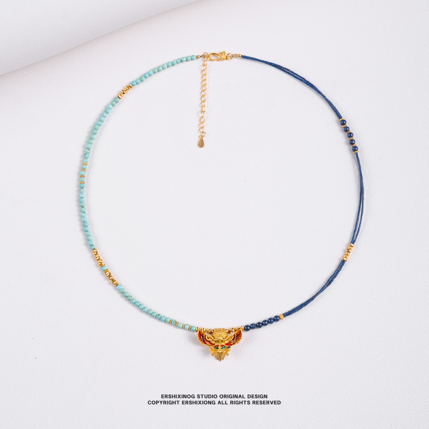 原创青金撞色松石串珠DIY纯银镀金大鹏金翅鸟项链轻奢百搭锁骨链