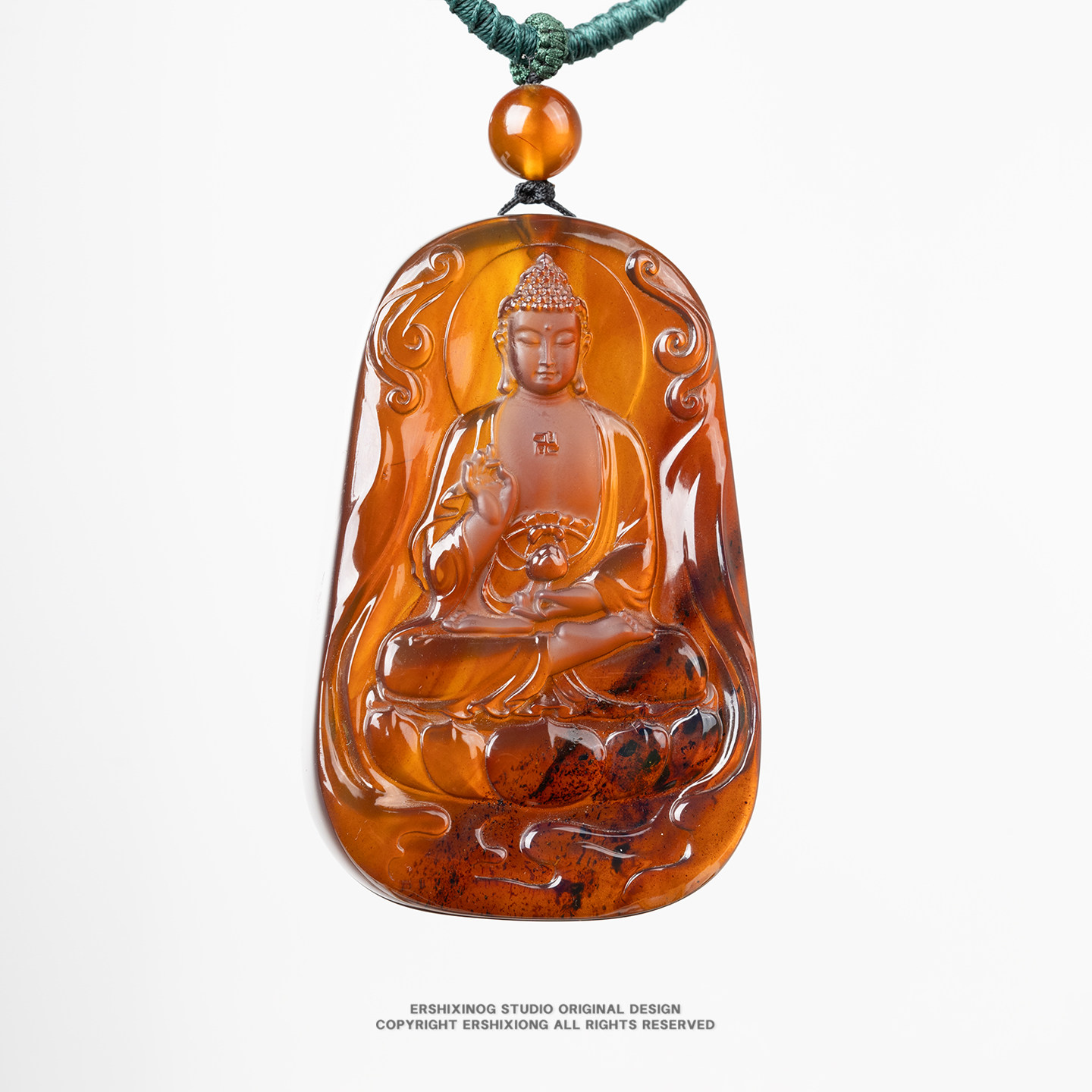 收藏级孤品天然缅甸稀有血红茶琥珀血蜜阿弥陀佛雕刻件吊坠