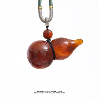 孤品天然真品血棕蜜缅甸纯老矿琥珀立体葫芦雕件吊坠