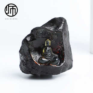 传承孤品大师雕刻《悟道问佛》天空蓝蓝珀原石特色雕刻件