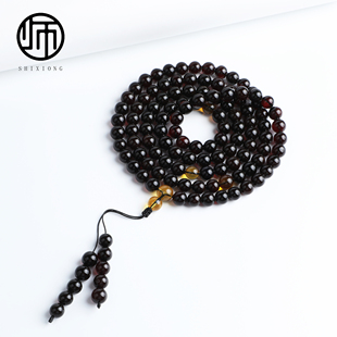 馆藏级天然无优化本草纲目记载无烤色黑琥珀翳珀108颗佛珠9mm