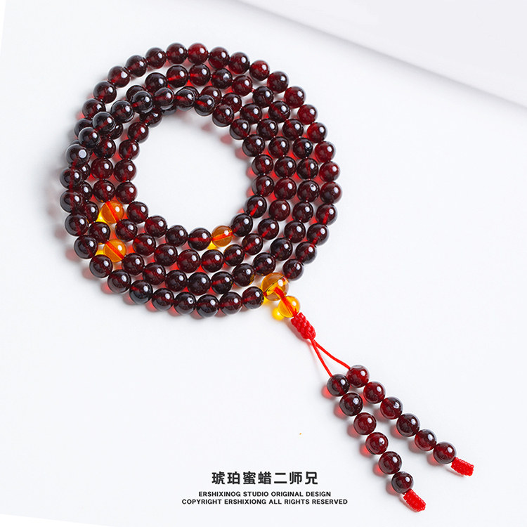 收藏级天然无优化无烤色血珀真品108佛珠6mm