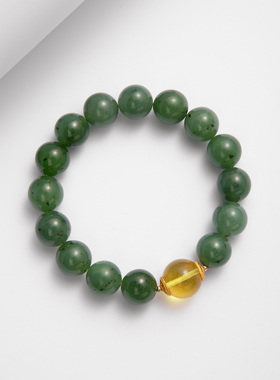 天然无优化俄罗斯七号矿碧玉菠菜绿原创DIY净水金珀圆珠手串