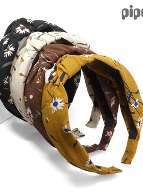 姜黄色中间打结宽发箍女 气质咖啡色碎花蝴蝶结发卡压发头箍头饰