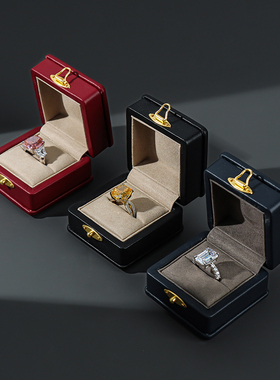 正品真皮戒指盒墨绿色高级珠宝收纳盒翡翠钻戒首饰盒头层牛皮祼钻