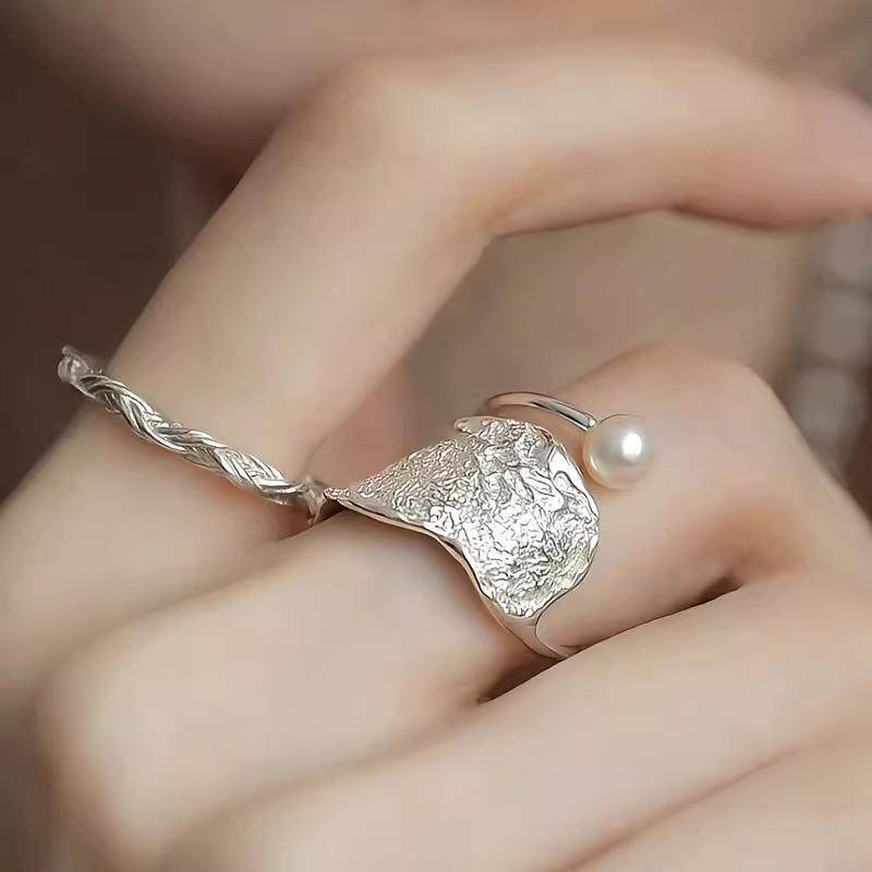 镀S925纯银双层珍珠戒指女2025新款小众设计轻奢高级感复古开口环