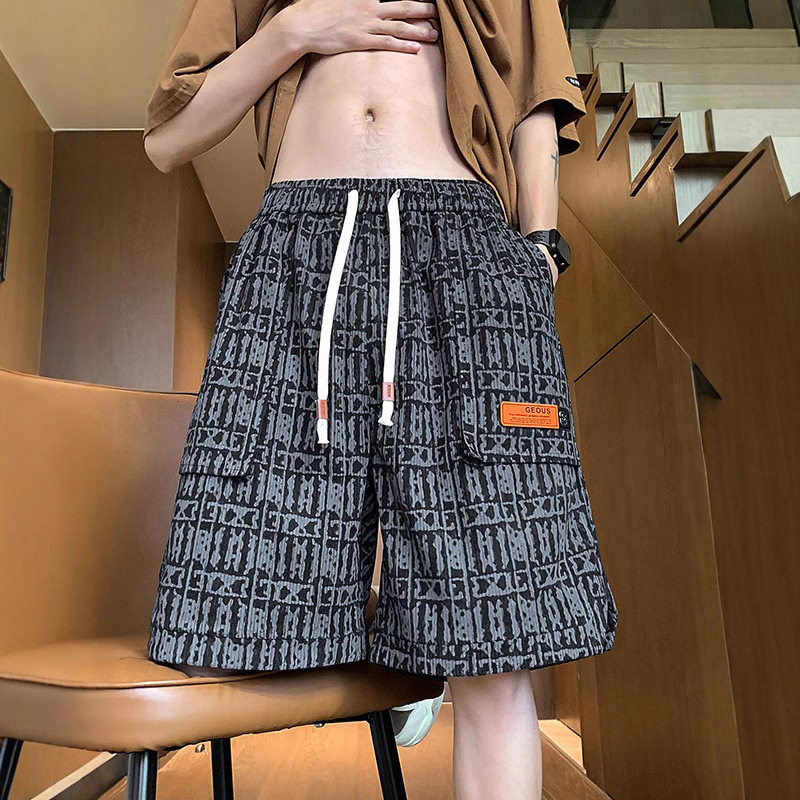 青少年休闲跑步五分裤满印工装短裤男夏外穿美式高街运动健身中裤