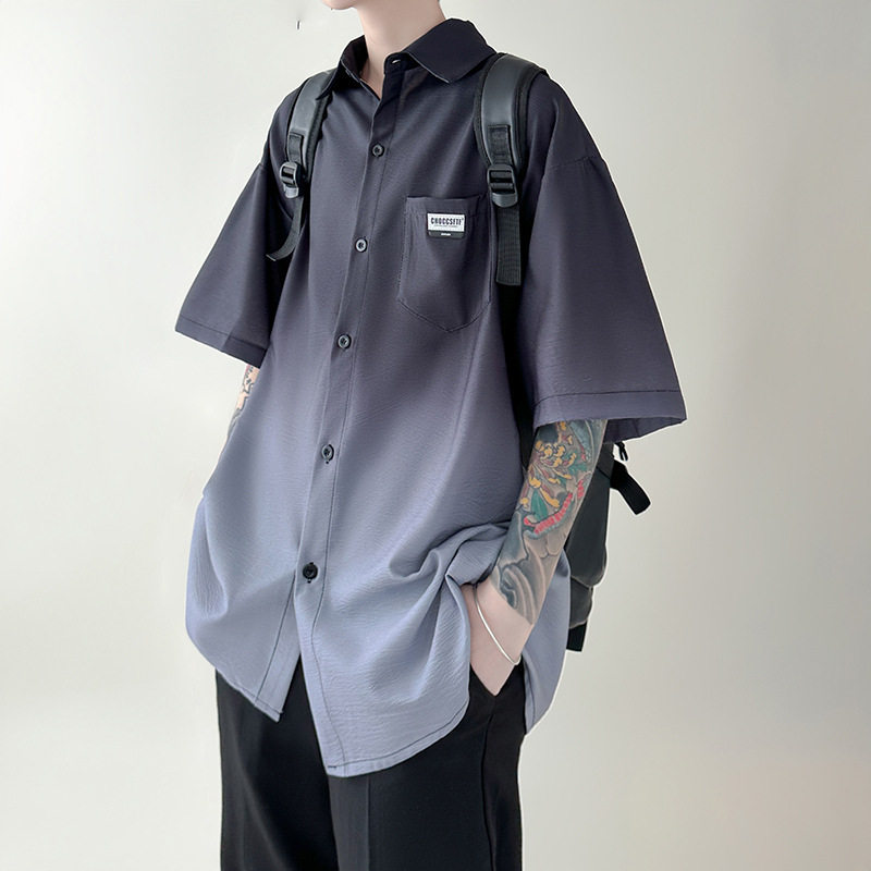 渐变短袖衬衫男夏季薄款宽松大码休闲五分袖衬衣美式高街潮牌外套