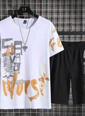夏季男士运动短袖短裤套装时尚潮流宽松五分裤两件套涤纶男装