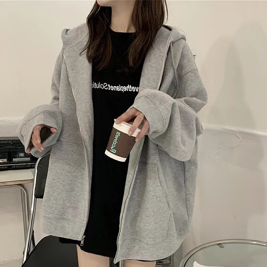 卫衣女春秋新款韩版休闲灰色拉链盐系连帽显瘦宽松运动开衫外套潮