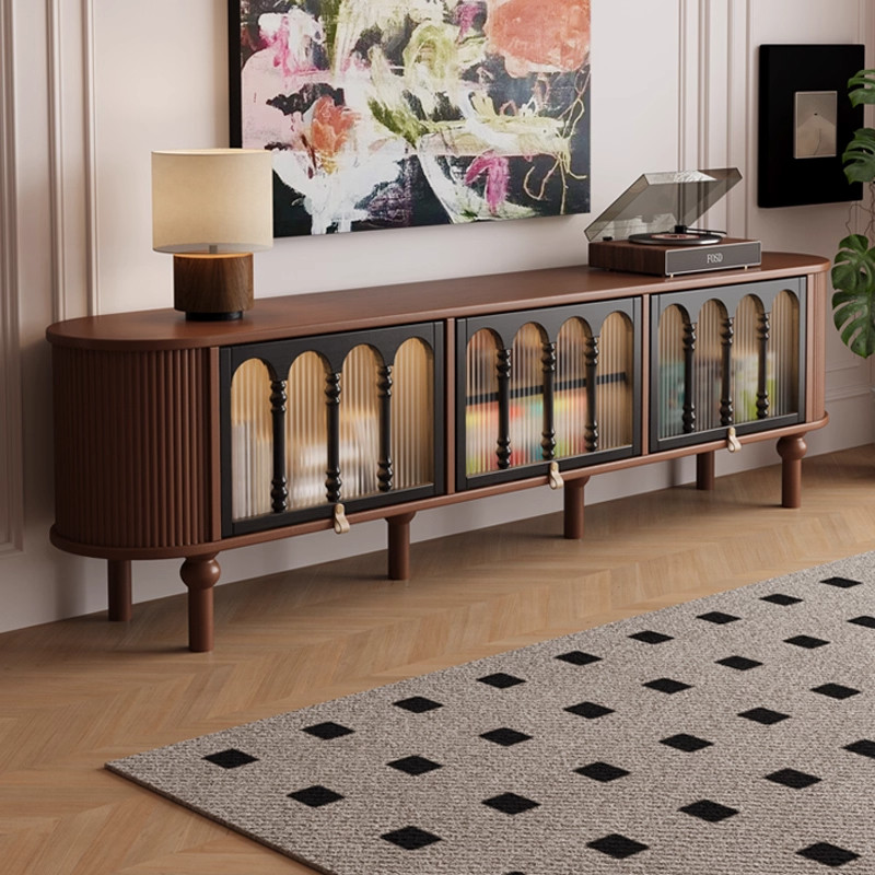 法式复古风实木电视柜家用客厅小户型现代中古创意胡桃色高款地柜