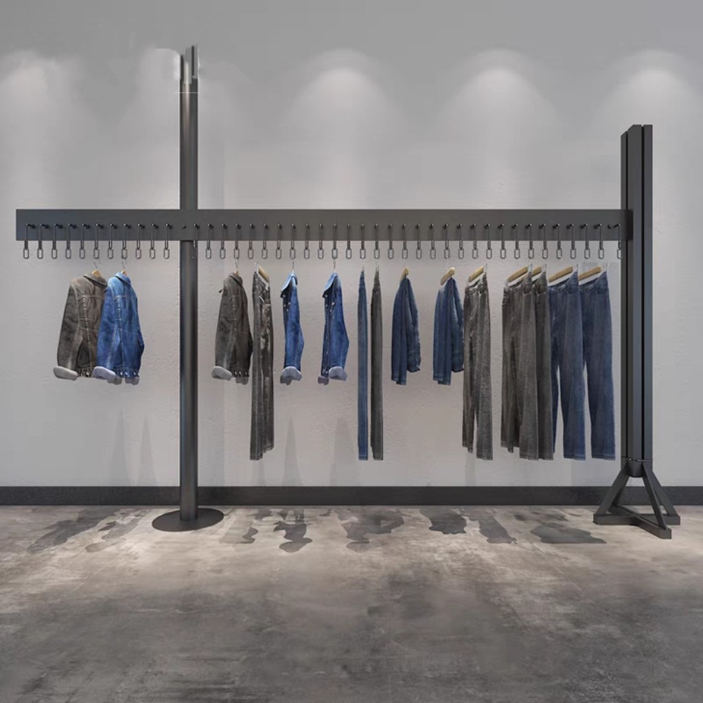 服装店工业风铁艺展示架子靠墙裤架简约侧挂男装牛仔服装货架定制