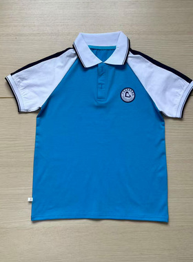 广东龙涛教育校服蓝色短袖带校徽款白插肩袖学生班服T恤男女定做