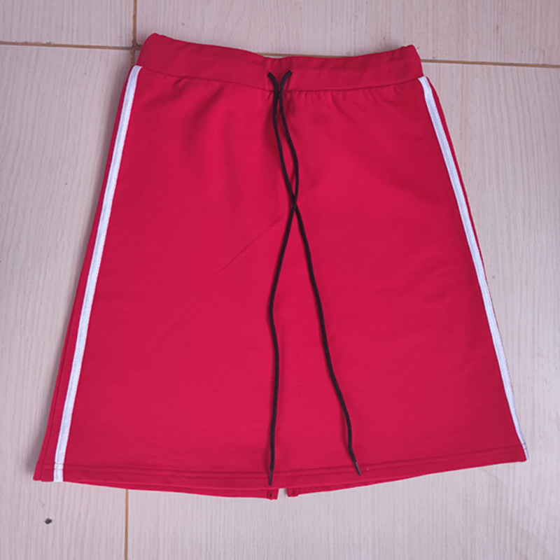 春秋新款棉质红色半身裙拼白黑条松紧高腰春夏A字裙休闲运动女裙