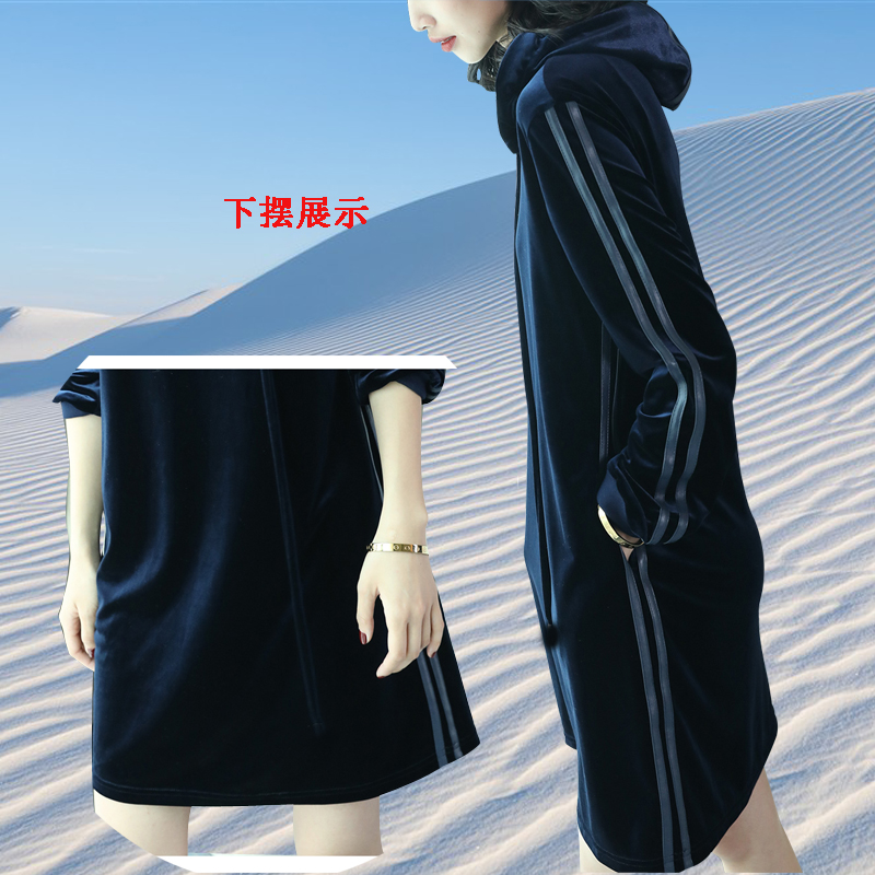 2025春季新品新款休闲中长款连帽连衣裙女大码长袖金丝绒连衣裙