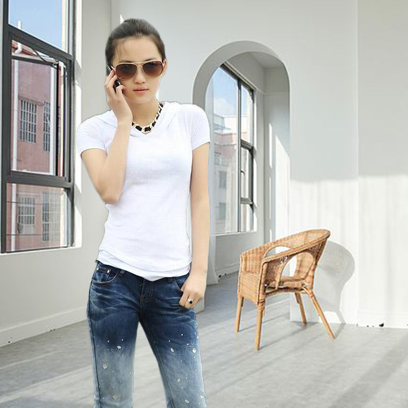 夏季薄款连帽短袖T恤女白色纯色纯棉修身显瘦双下摆假两件打底衫