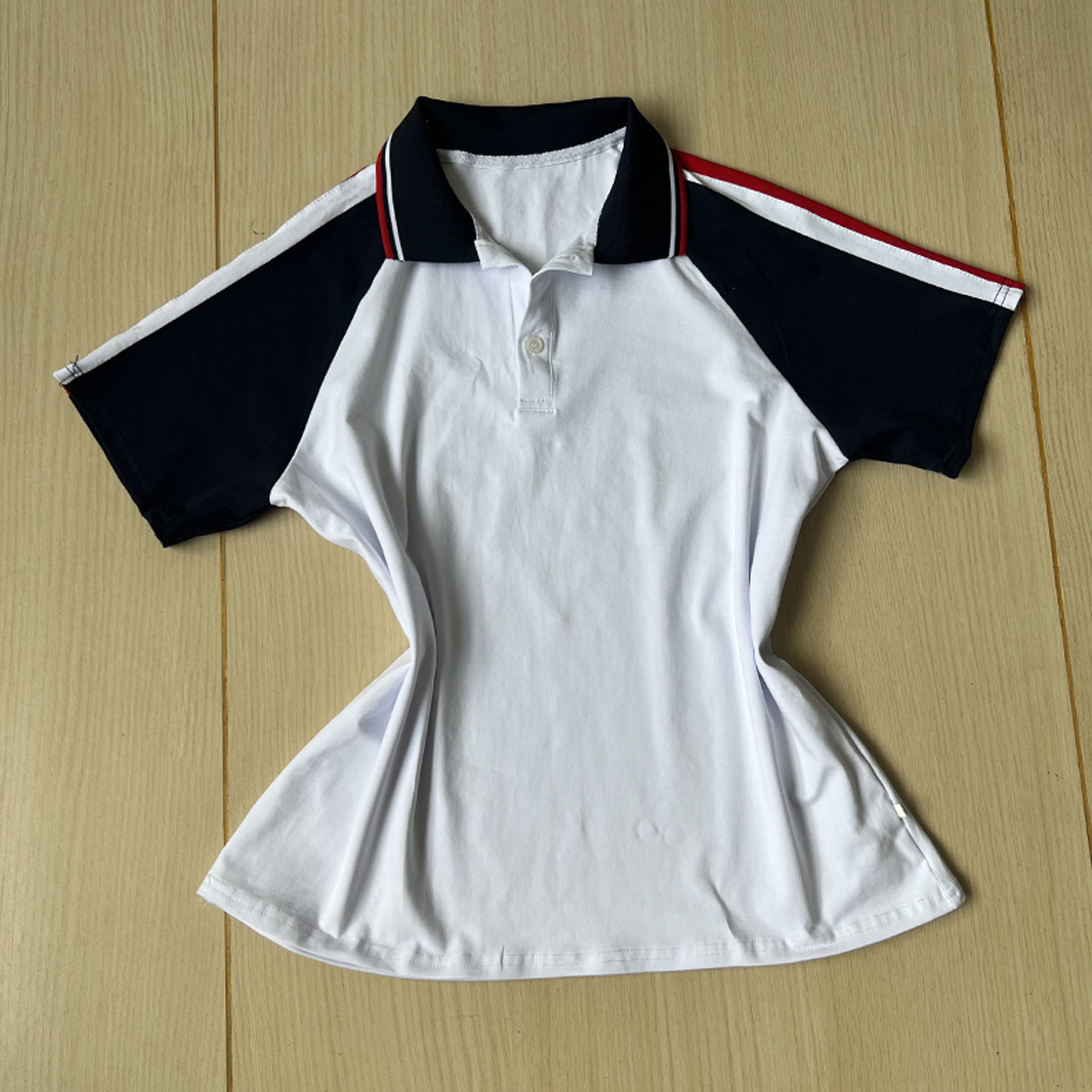 白色校服短袖藏蓝插肩袖袖上大红白色两道宽杠男女班服T恤POLO杉