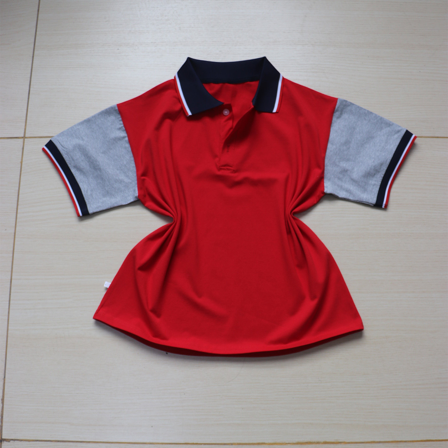 夏季大红短袖浅灰袖棉质POLO衫运动休闲学生校服男女通用可定制