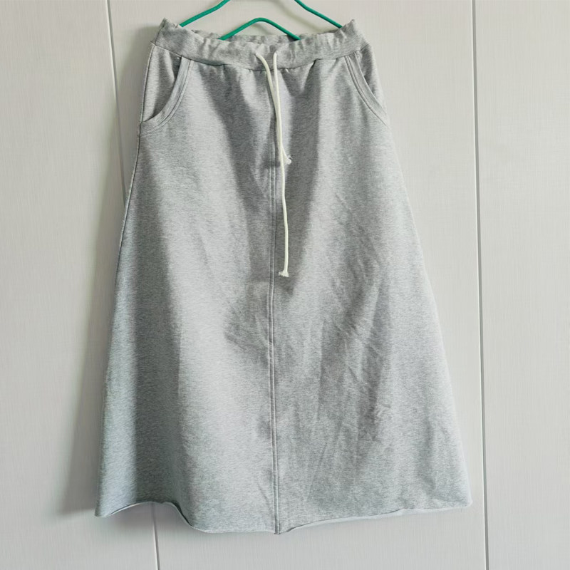 春夏季新款浅灰色A字半身裙高腰抽绳中长裙前后开剪毛边棉质女裙