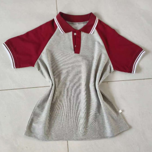定制学生校服浅灰网眼酒红插肩袖口白红白边运动棉POLO衫男女