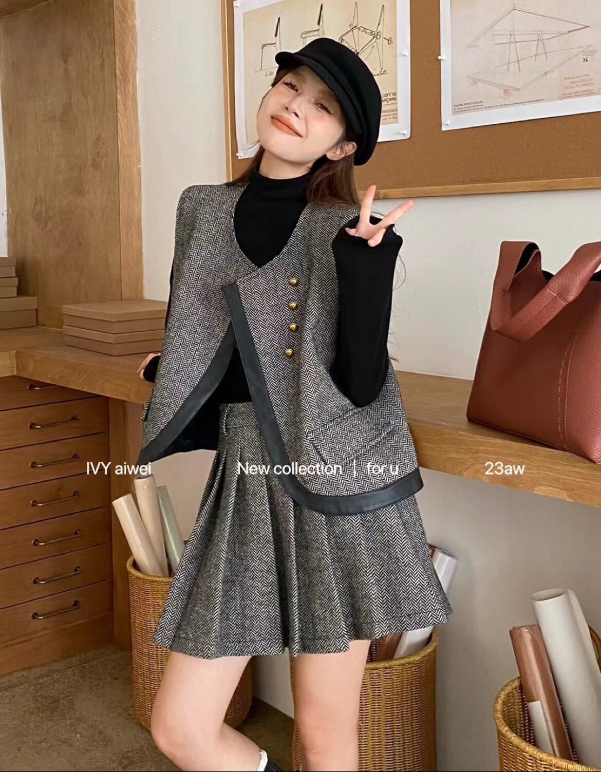ivy法式小众高领打底衫呢子西装马甲 百褶半身短裙三件套装女秋冬