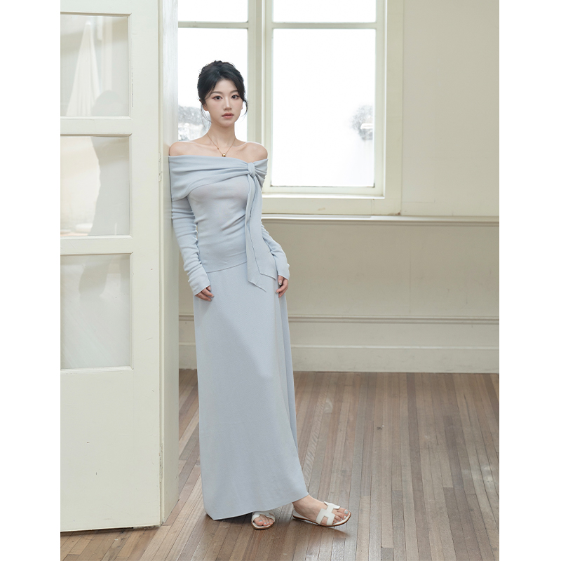 SerioLudere蛋仔很懒迷雾蓝重磅100莱赛尔天丝长袖上衣半裙套装女