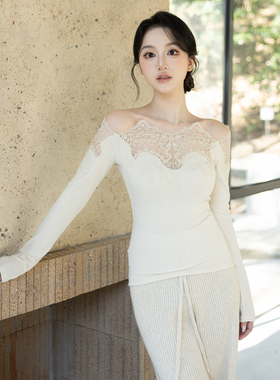 SerioLudere蛋仔很懒/米色纯欲设计感百搭内搭蕾丝一字肩打底衣女