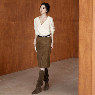 SerioLudere蛋仔很懒/ 山羊绒v领宽松百搭内搭打底衫白色针织衣女