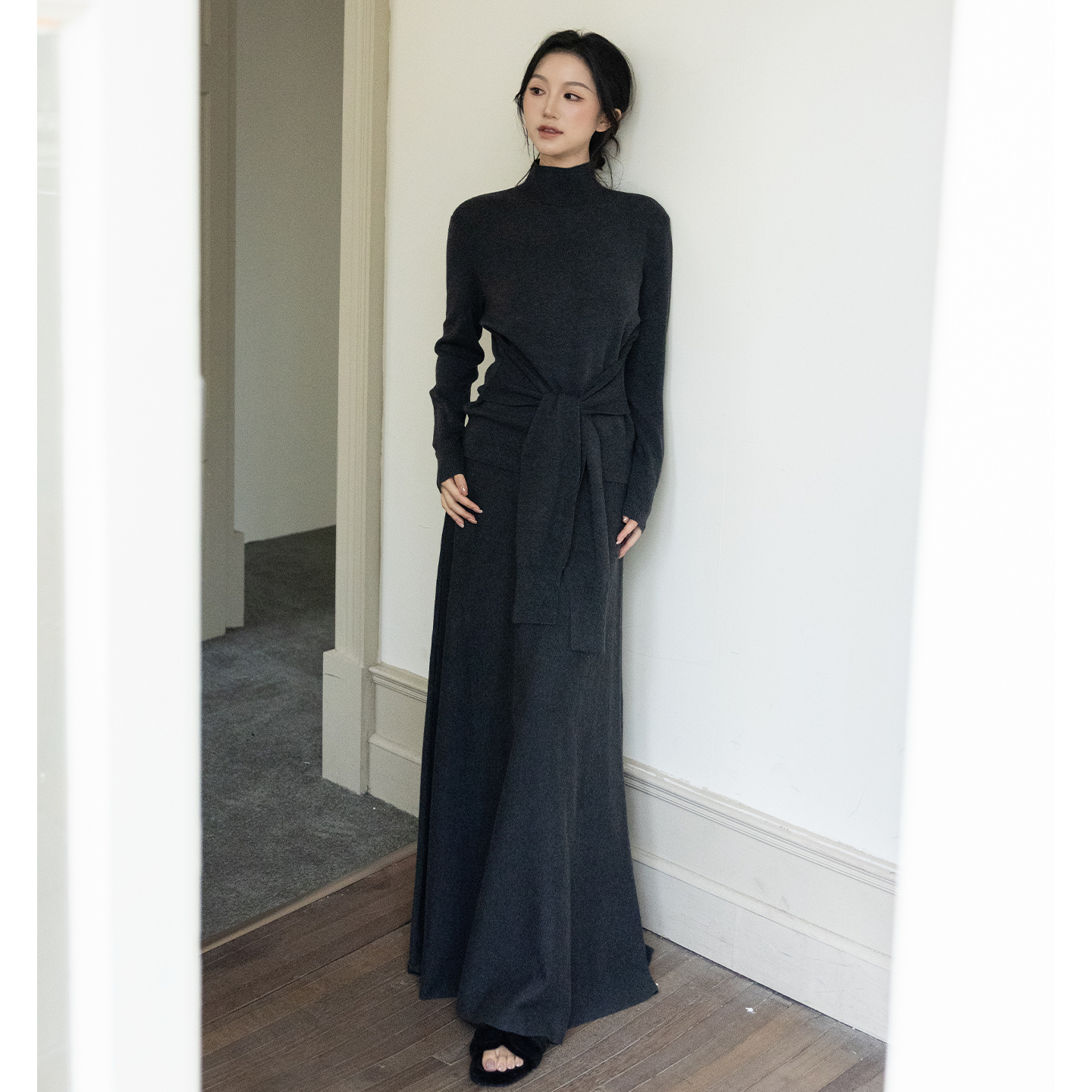 SerioLudere蛋仔很懒/羊毛设计感绑带高领打底内搭上衣高腰半身裙