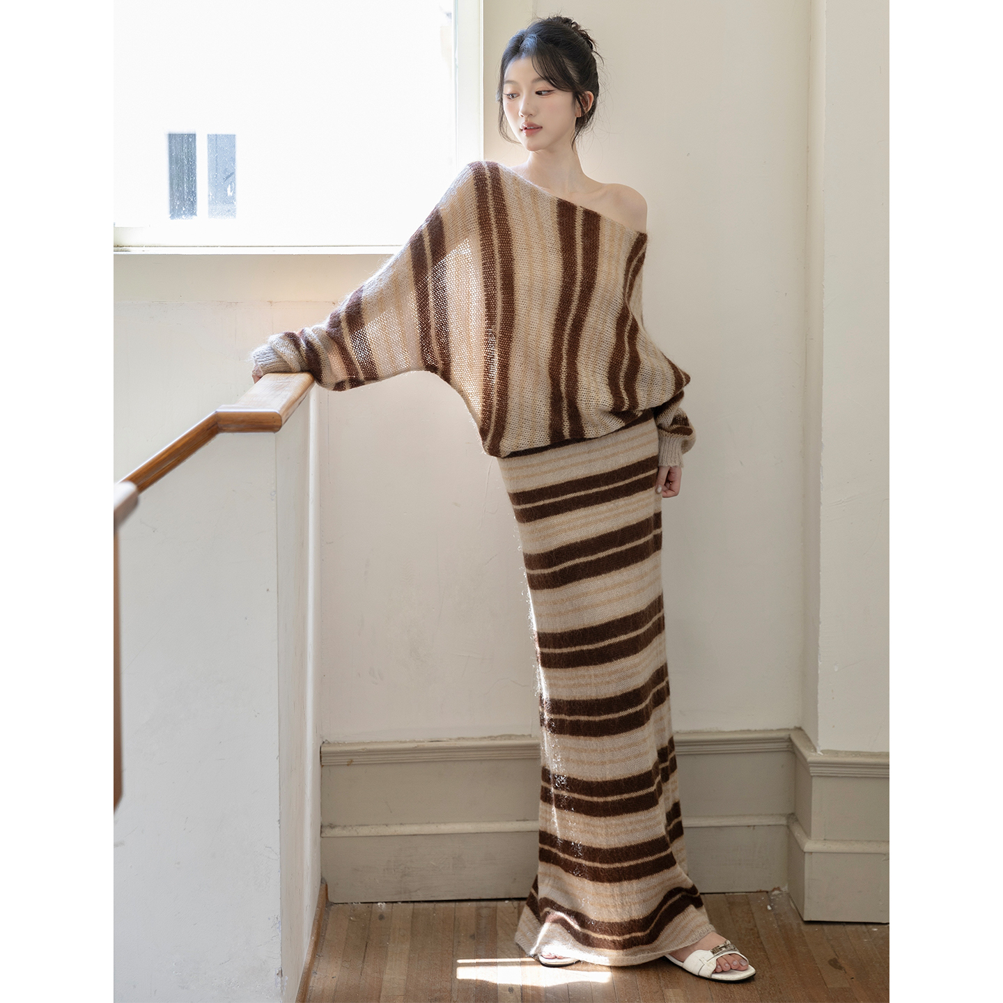 SerioLudere蛋仔很懒/针织上衣半身裙羊毛马海毛条纹套头罩衫套装