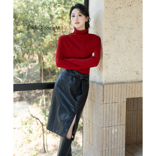 SerioLudere蛋仔很懒/高腰设计感褶皱开叉百搭时髦不挑人半身皮裙