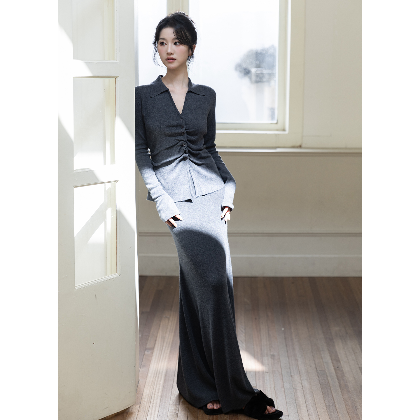 SerioLudere蛋仔很懒/开衫上衣半裙丝光羊毛灰色设计感褶皱套装裙