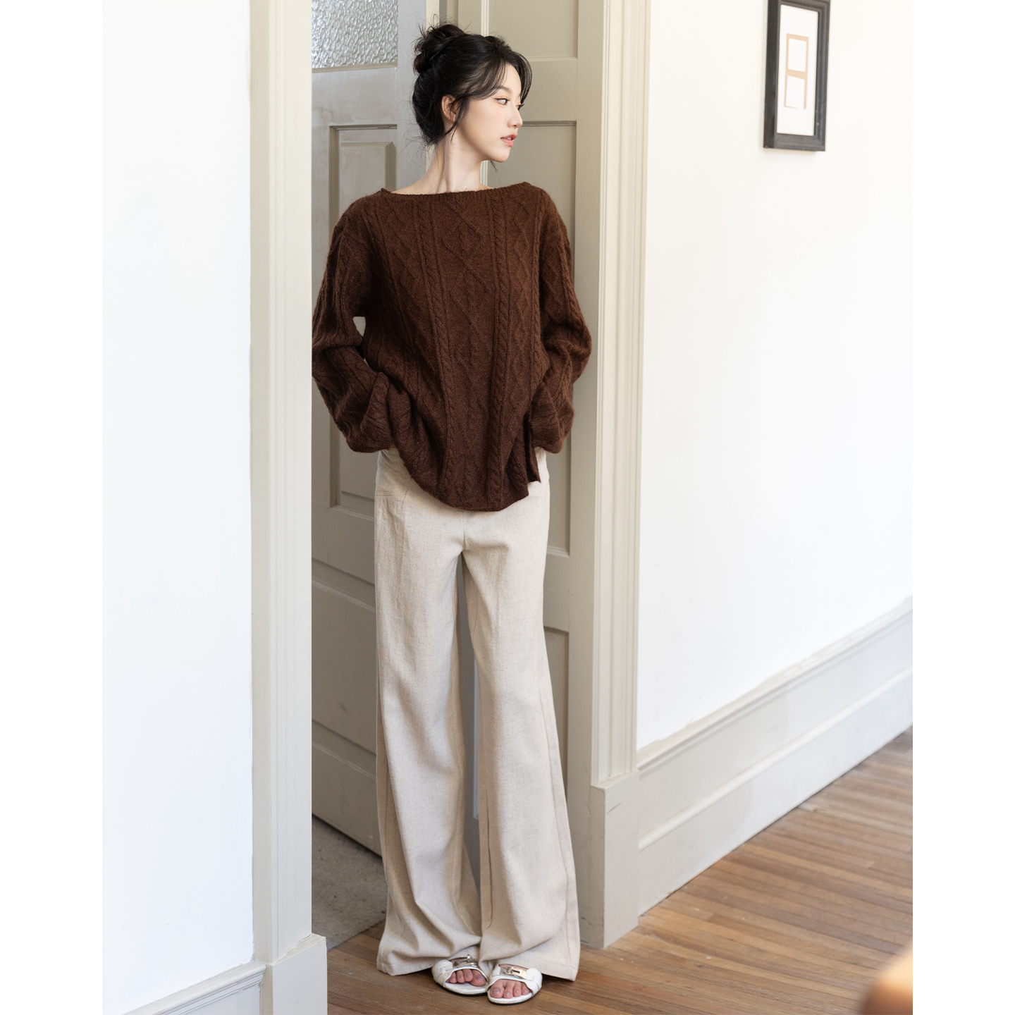 SerioLudere蛋仔很懒/灰色羊毛马海毛斜肩套头罩衫宽松针织毛衣女