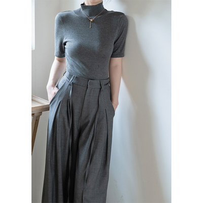 SerioLudere蛋仔很懒/ 灰色高级感半高领设计感内搭露背打底衣T恤